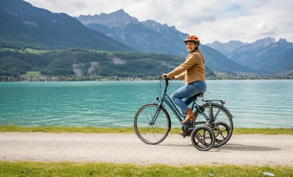 velo adapté aux seniors avec stabilisateurs - roues stabilisatrices Swinging Wheels au bord du lac annecy